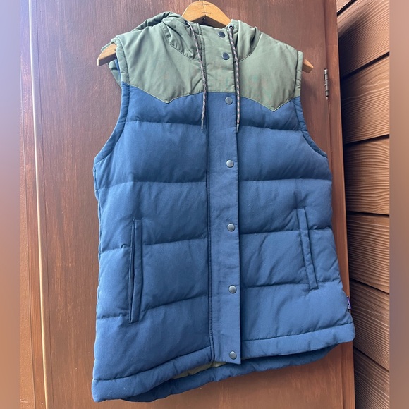 Patagonia Down Fill Puffer Hooded Bivy Vest In Navy Green Women’s M - Picture 4 of 11
